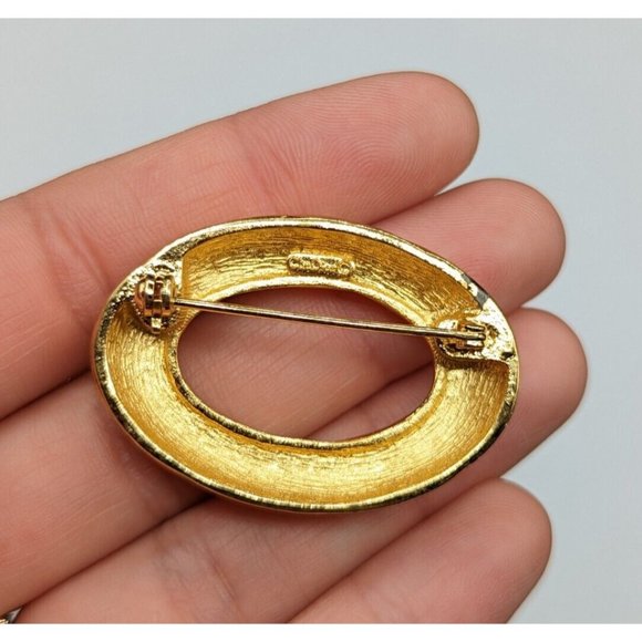 Christian Dior Signed Gold Tone Clear Rhinestone Open Oval Vintage Pin Brooch - Picture 4 of 9